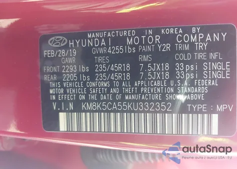 2019 Hyundai Kona Ultimate из США, поврежденный, VIN KM8K5CA55KU332352